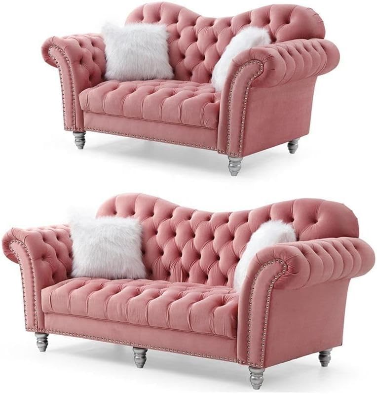 Aroma Homes Luxury Chesterfield Velvet Sofa Set - Pink 2 Seater - Image 3